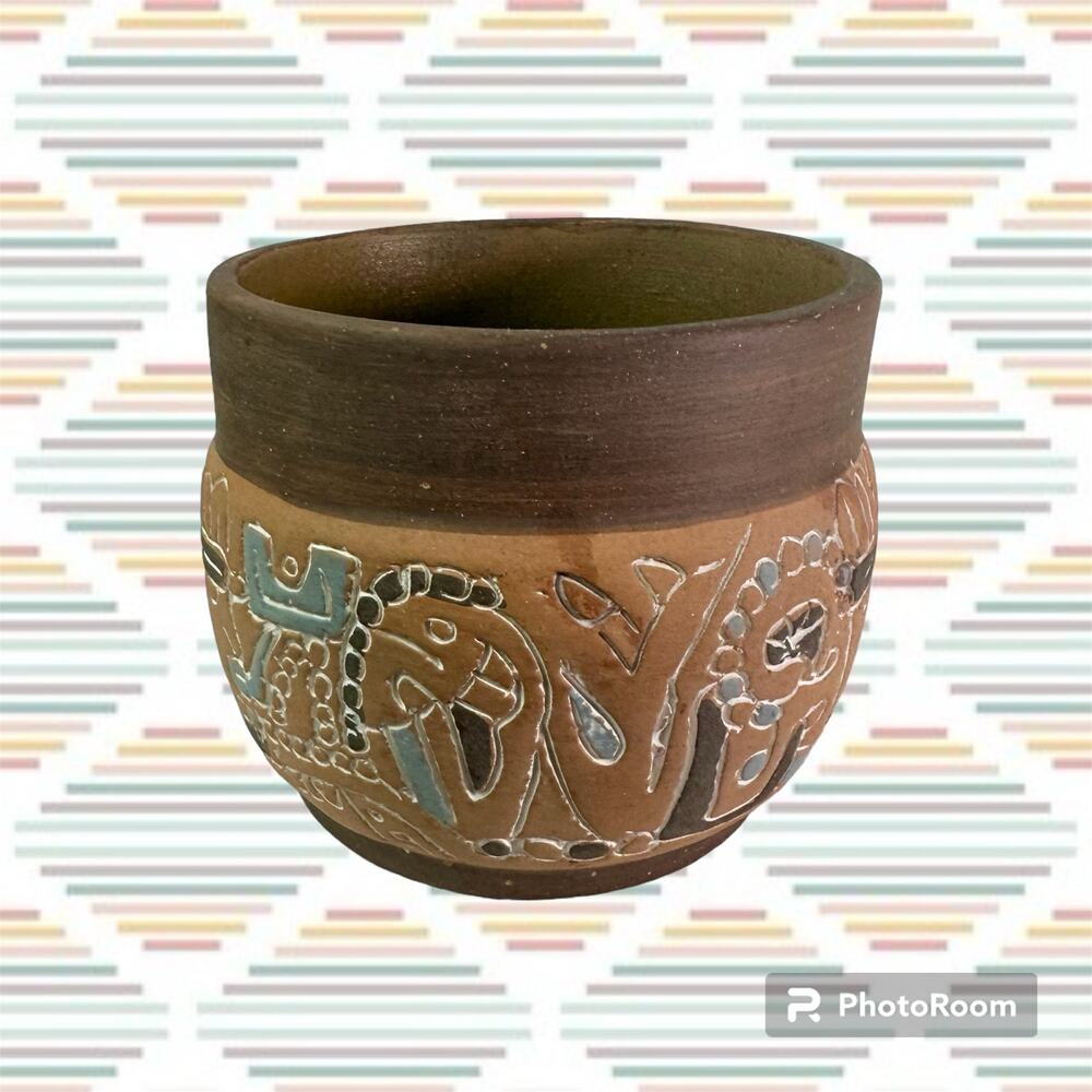 VTG Made In Mexico Native Folk Art Clay Pottery Bowl Vase Disney World Souvenir - Picture 2 of 10